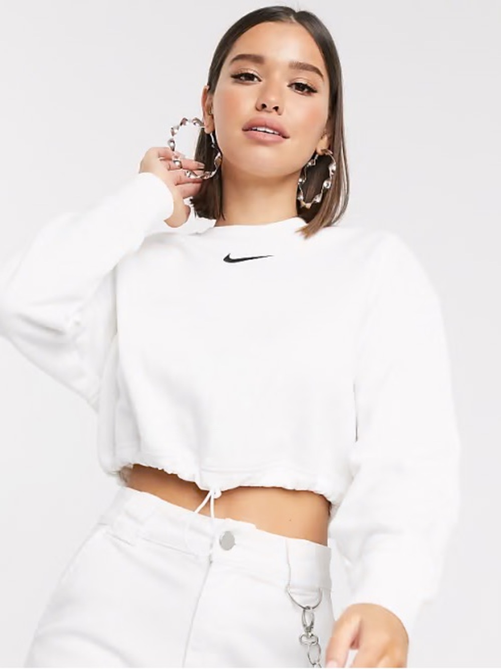 Nike Elastic Drawcord Cropped Mini Swoosh White Sweatshirt Size Large White